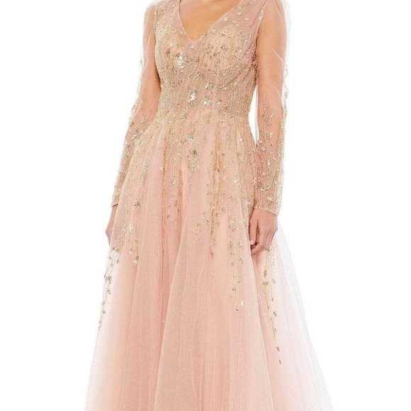 NWT MAC DUGGAL EMBELLISHED V NECK LONG SLEEVE A-LINE GOWN 20295 $798 PINK - Picture 1 of 6
